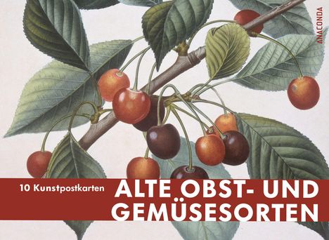Text: "10 Kunstpostkarten ALTE OBST- UND GEMÜSESORTEN" und "ANACONDA". Illustration von Kirschzweig mit Blättern.