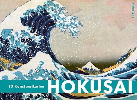 Text: „10 Kunstpostkarten, HOKUSAI.“ Illustration einer großen Welle mit Booten und einem entfernten Berg.
