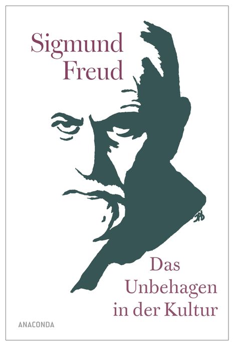 "Sigmund Freud" und "Das Unbehagen in der Kultur" in lila Schrift. Stilisiertes Gesicht mit Bart und ernsten Augen.