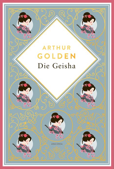 Buchtitel: "Die Geisha" von Arthur Golden. Illustrationen von Geishas mit Blumen auf einem eleganten, dekorativen Hintergrund.