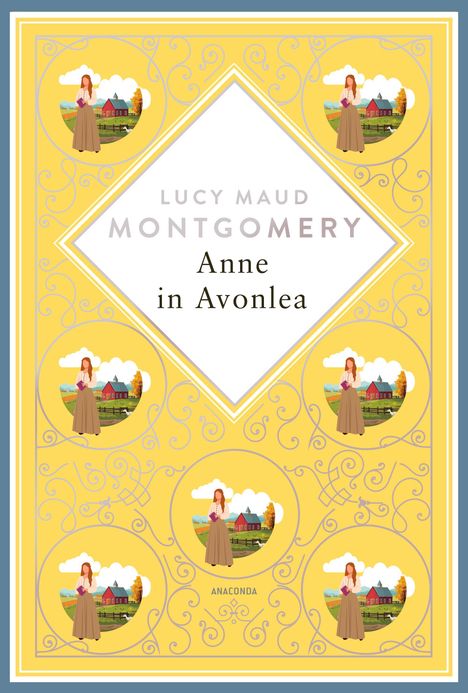 Texte: Lucy Maud Montgomery, Anne in Avonlea, Anaconda. Gelber Hintergrund, Muster und Illustrationen eines Mädchens.