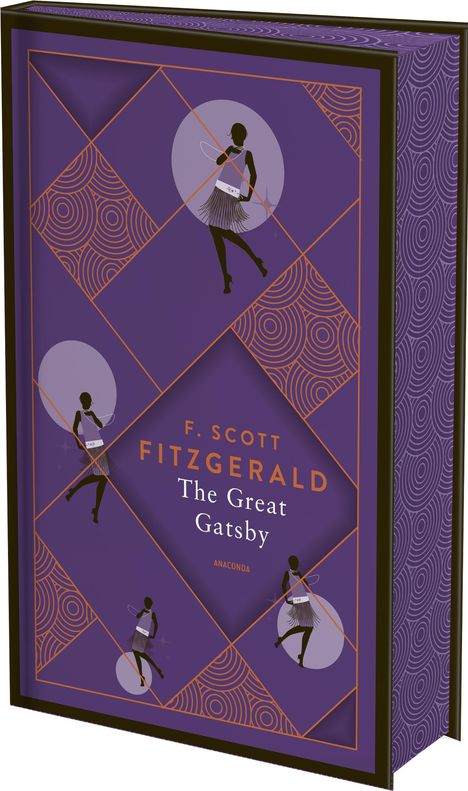 "F. Scott Fitzgerald, The Great Gatsby, ANACONDA" steht auf einem lila Buchcover mit Art Deco Mustern und Tänzerin-Silhouetten.