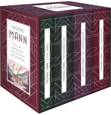 Buchbox-Set von Thomas Mann mit Titeln: Felix Krull, Buddenbrooks, Die Erzählungen, Der Zauberberg, im Art-Déco-Design.