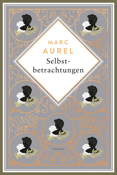 "Marc Aurel Selbstbetrachtungen" steht in einem weißen Rautenmuster. Klassische Büste in Kreisen ziert das Motiv.