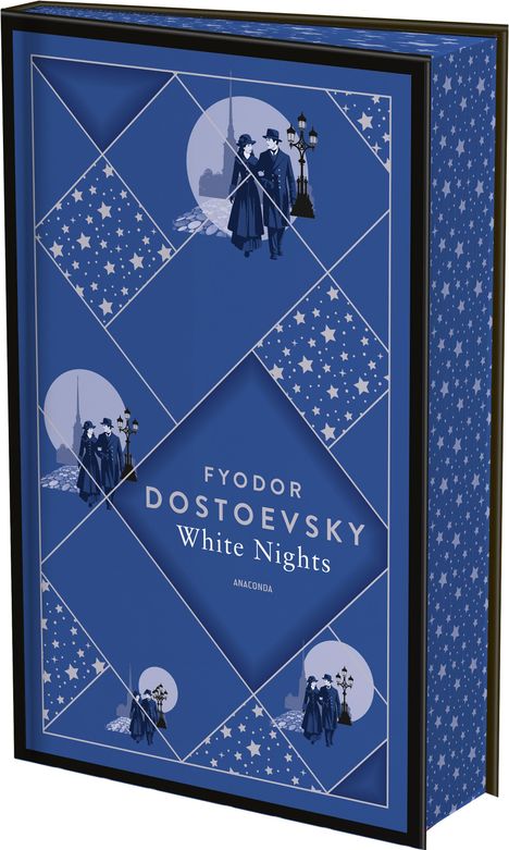 Texts: "FYODOR DOSTOEVSKY", "White Nights", "ANACONDA". Illustration: blaues geometrisches Muster, Paar unter einer Laterne.