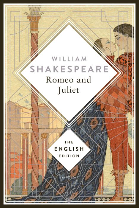 "William Shakespeare, Romeo and Juliet. Illustration mit einem sich umarmenden Paar in historischen Gewändern."