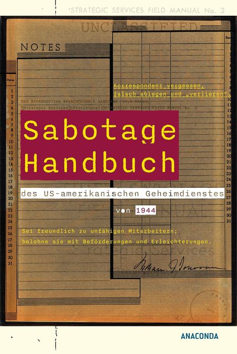 „Sabotage Handbuch des US-amerikanischen Geheimdienstes von 1944.“ Hintergrund wie eine alte Akte gestaltet.