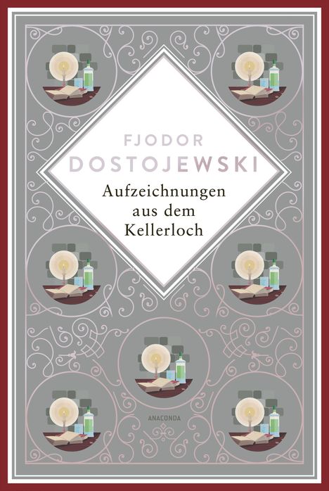 "Fjodor Dostojewski, Aufzeichnungen aus dem Kellerloch." Grauer Hintergrund mit Kerzen, Büchern und Ornamenten.