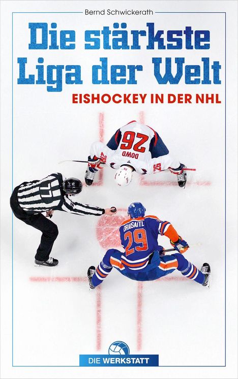 "Die stärkste Liga der Welt: Eishockey in der NHL." Zwei Spieler und ein Schiedsrichter in einem Eishockeyspiel.