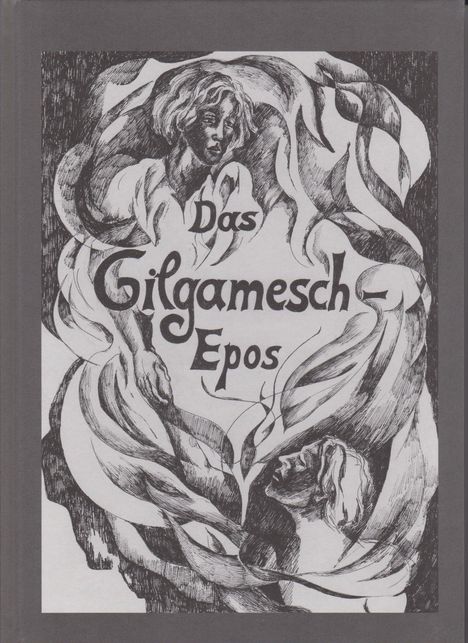 „Das Gilgamesch Epos“ in kunstvoller Schrift, umgeben von zwei stilisierten Gesichtern und wellenförmigen Linien.