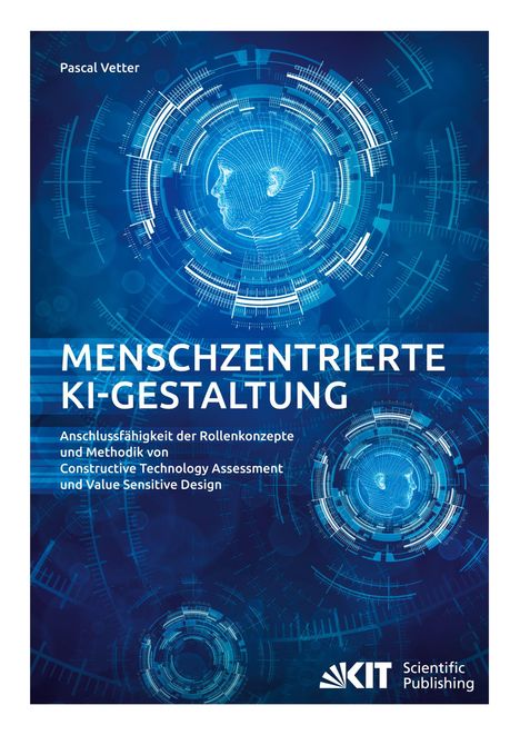 Pascal Vetter. Menschzentrierte KI-Gestaltung. Technische Illustrationen eines Gesichts aus Linien in Blautönen.