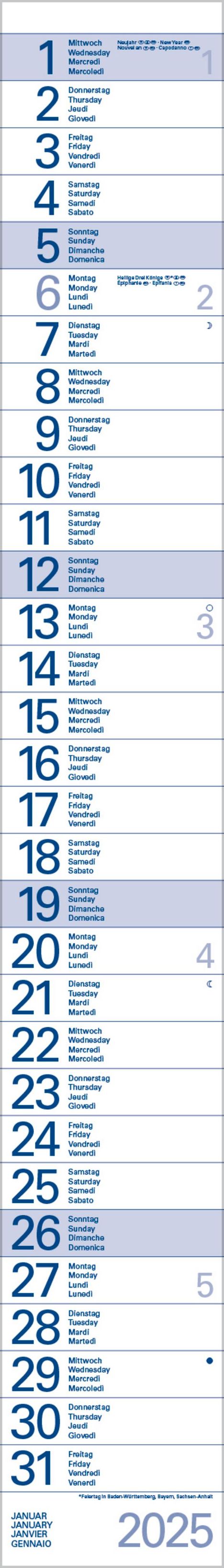 Streifentimer 2025, Kalender