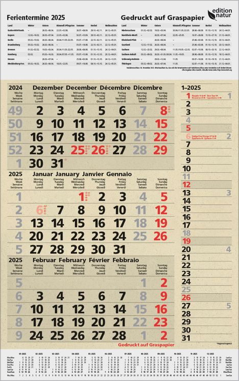 3-Monats-Planer Combi Graspapier 2025, Kalender
