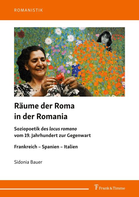 "Räume der Roma in der Romania" steht oben, darunter florales Kunstwerk mit einer lächelnden Frau und einem Kind.