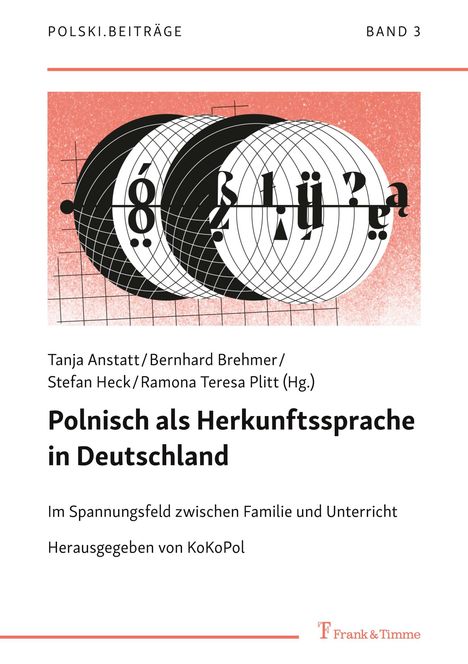 "Polnisch als Herkunftssprache in Deutschland. Illustration aus geometrischen Formen und Buchstaben auf rotem Hintergrund."