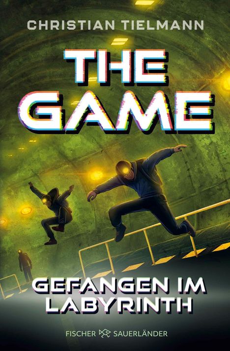Text: "Christian Tielmann", "THE GAME", "Gefangen im Labyrinth". Zwei Figuren springen in einem grünlichen, futuristischen Raum.