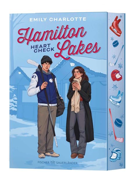 "Emily Charlotte, Hamilton Lakes, Heart Check." Zwei Personen in Winterkleidung, der Mann hält einen Hockeyschläger.