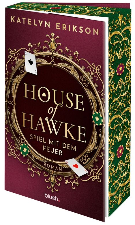 Titel: "House of Hawke - Spiel mit dem Feuer". Verziertes Design mit Spielkarten und Pokerchips in Rot und Gold.