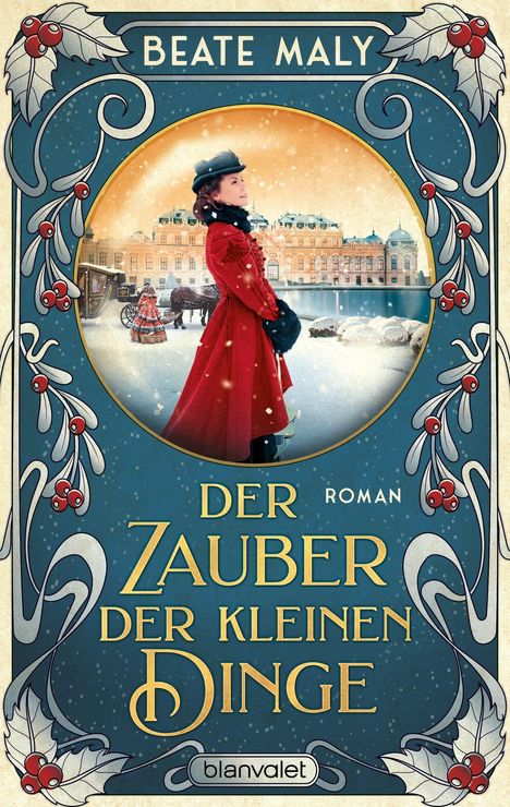 Beate Maly "Der Zauber der kleinen Dinge". Illustration mit Frau in rotem Mantel, Schneefall, historisches Gebäude im Hintergrund.