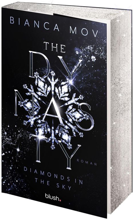 Oben: "BIANCA MOV". Groß: "THE DYNASTY". Unten: "DIAMONDS IN THE SKY". Logo: "blush." Funkelnde, kristalline Elemente.
