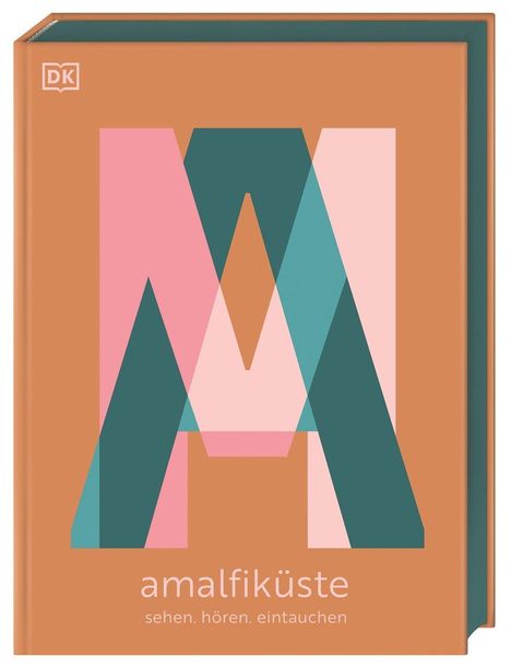 amalfi̇küstе, sehen. hören. eintauchen. Ein großes, stilisiertes, mehrfarbiges M auf orangem Hintergrund.