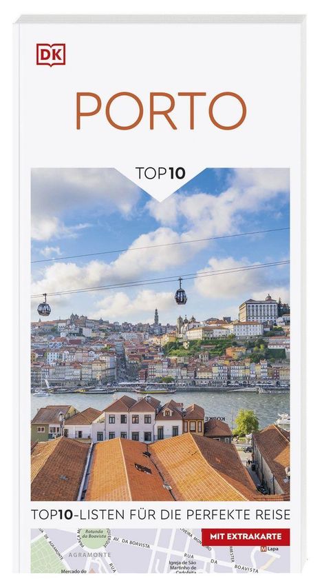 "Porto Top 10: Top10-Listen für die perfekte Reise. Mit Extrakarte." Foto von Porto, Seilbahn mit Fluss im Hintergrund.