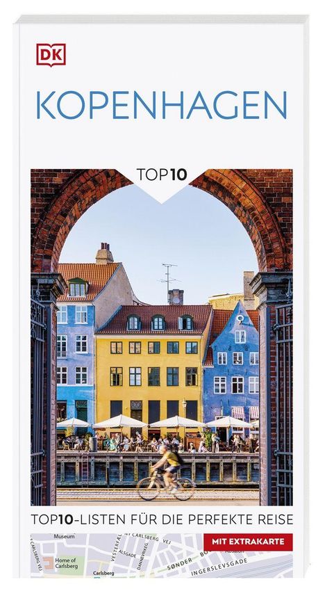 „KOPENHAGEN TOP10: Top10-Listen für die perfekte Reise.“ Bunte Häuser durch einen gemauerten Torbogen sichtbar.