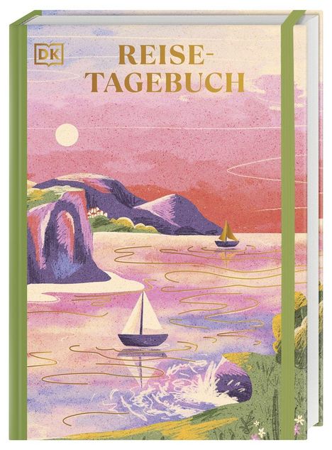 Text "REISE-TAGEBUCH". Illustration: Segelboote auf einem rosafarbenen Meer, Berge und Sonnenuntergang im Hintergrund.