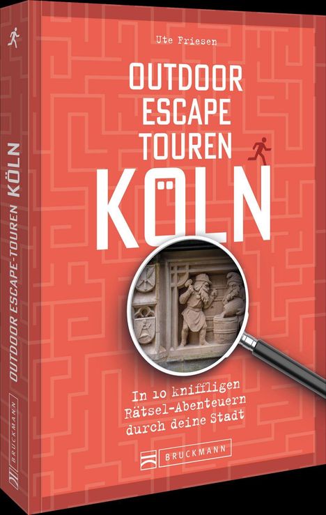 Ein orangefarbenes Buchcover mit weißen Labyrinth-Motiven zeigt: "Outdoor Escape Touren Köln". Ein kleiner Läufer symbolisiert Bewegung. Unten in einem Lupenfenster ist ein historisches Steinrelief zu sehen.