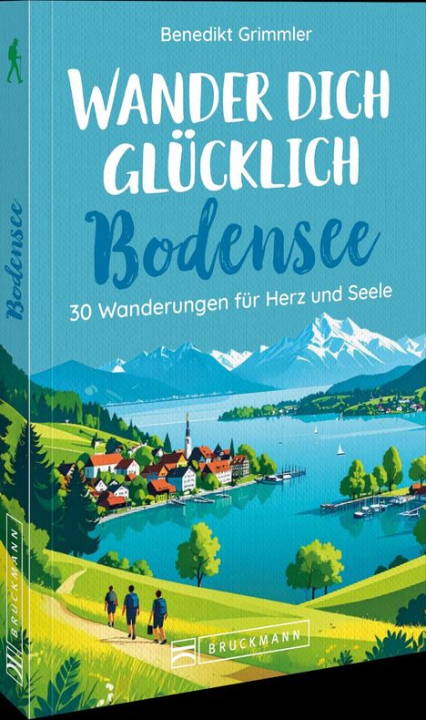 Titel: "Wander dich glücklich Bodensee: 30 Wanderungen für Herz und Seele". Illustration: Wanderer am Bodensee.