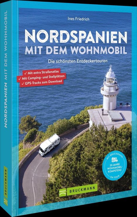 Titel: "Nordspanien mit dem Wohnmobil". Text zu Touren, Atlas, Stellplätzen. Foto von Küstenstraße mit Leuchtturm und Wohnmobil.