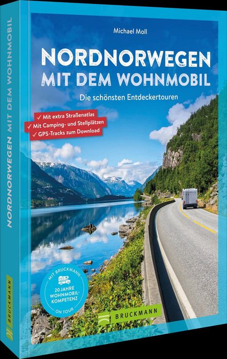 Text: "Nordnorwegen mit dem Wohnmobil. Die schönsten Entdeckertouren. Mit extra Straßenatlas." Landschaft mit Fjord und Straße.