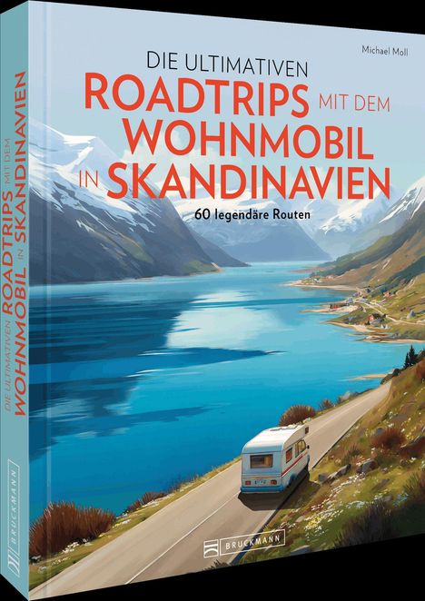 Titel: Die ultimativen Roadtrips mit dem Wohnmobil in Skandinavien. Illustration: Wohnmobil an einem Fjord.
