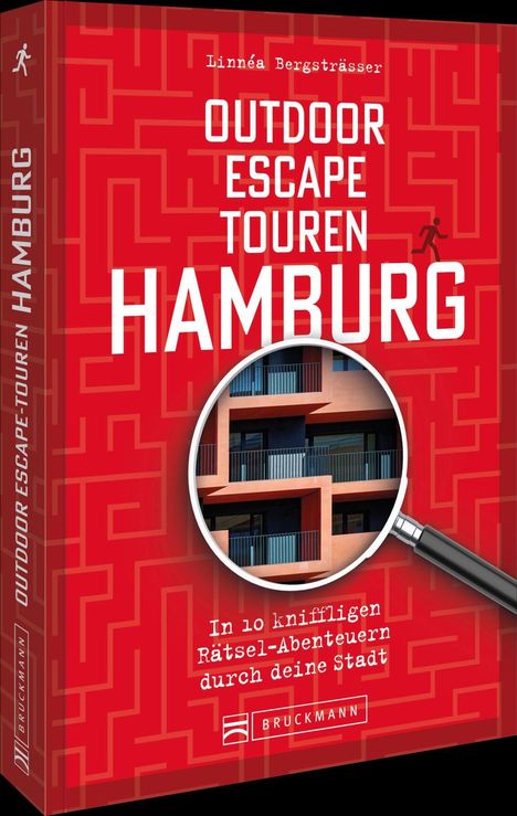 "Outdoor Escape Touren Hamburg" von Linnéa Bergsträßer; Buchcover mit rotem Labyrinth-Hintergrund und Lupe auf Balkon.