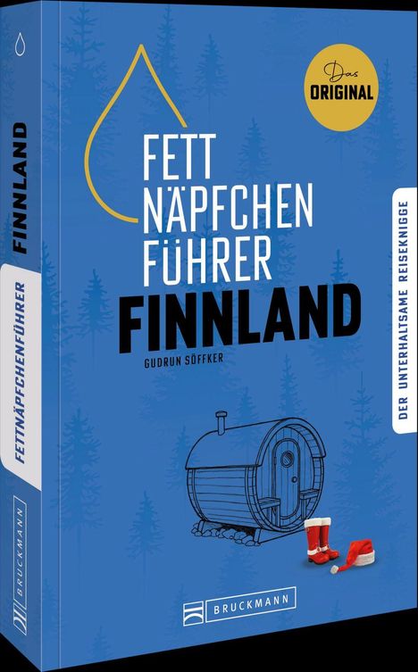 "Fettnäpfchenführer Finnland" in weißer Schrift, gelbes Logo "Das Original", Illustration einer Sauna, rote Stiefel und Mütze.