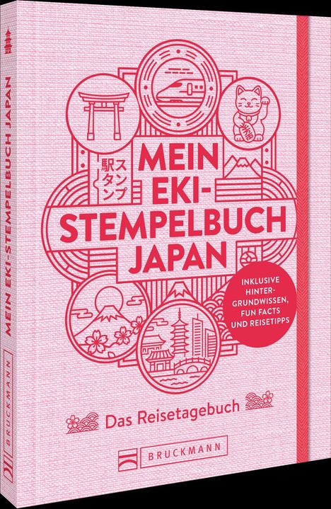 „Mein Eki-Stempelbuch Japan“ in roter Schrift. Illustrationen: Torbogen, Zug, Winkekatze. Label: Bruckmann.