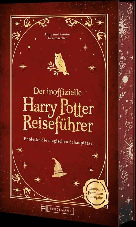 "Der inoffizielle Harry Potter Reiseführer: Entdecke die magischen Schauplätze." Rote Buchabdeckung mit Eule, Hut und Sternen.