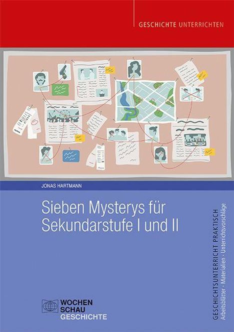"Sieben Mysterys für Sekundarstufe I und II", Illustration einer Pinnwand mit Karten und Fotos, Umschlag in Rot und Blau.