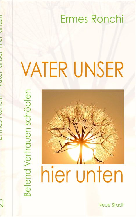 Text: "Ermes Ronchi", "VATER UNSER hier unten", "Betend Vertrauen schöpfen", "Neue Stadt". Pusteblume im Sonnenlicht.
