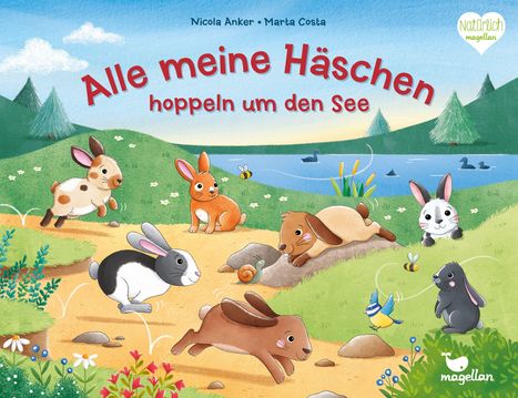 „Alle meine Häschen hoppeln um den See.“ Ein See, umgeben von hüpfenden Häschen, Enten und Natur. Charmante Illustration.