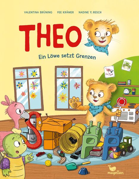 "THEO Ein Löwe setzt Grenzen". Ein fröhlicher Löwe in einem Spielzimmer mit anderen lustigen Tieren und Spielsachen.