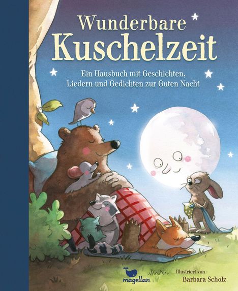 „Wunderbare Kuschelzeit“ steht in großen Buchstaben. Tierfreunde kuscheln unter dem Mond: Bär, Maus, Waschbär, Hase und Fuchs.