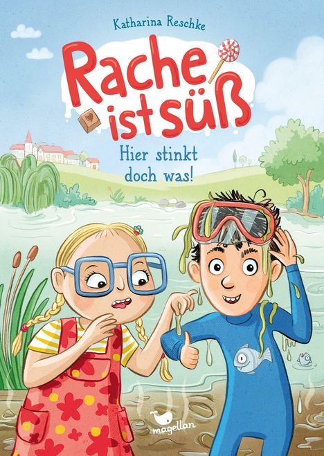 Buchtitel: "Rache ist süß". Untertitel: "Hier stinkt doch was!". Illustration: Zwei Kinder am Wasser. Ein Kind mit Taucherbrille.