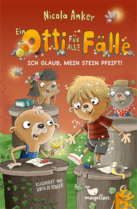 Text: "Nicola Anker, Ein Otti für alle Fälle, Ich glaub, mein Stein pfeift! Illustriert von Nikolai Renger." Gemalte Tierkinder.