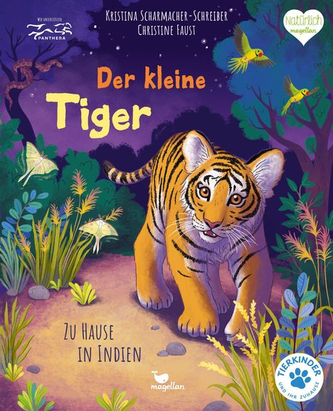 Text: "Der kleine Tiger", "Zu Hause in Indien". Illustration eines jungen Tigers in einer Dschungelszene, bunte Pflanzen, Vögel.