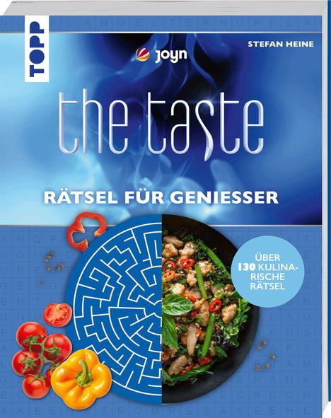 Text: "the taste", "Rätsel für Genießer", "Über 130 kulinarische Rätsel". Illustration einer Speise und Gemüse.