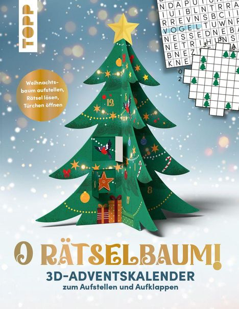 Text: "O RÄTSELBAUM! 3D-ADVENTSKALENDER zum Aufstellen und Aufklappen." 
Illustration von einem geschmückten Weihnachtsbaum.