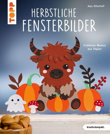 „HERBSTLICHE FENSTERBILDER“, „Topp“. Illustration: Ein niedlicher Stier mit Kürbissen, Geisterfigur, Pilze.