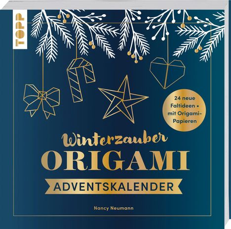 "Winterzauber Origami Adventskalender", goldene Schrift, weihnachtliche Origami-Illustrationen mit Zweigen und geometrischen Motiven.