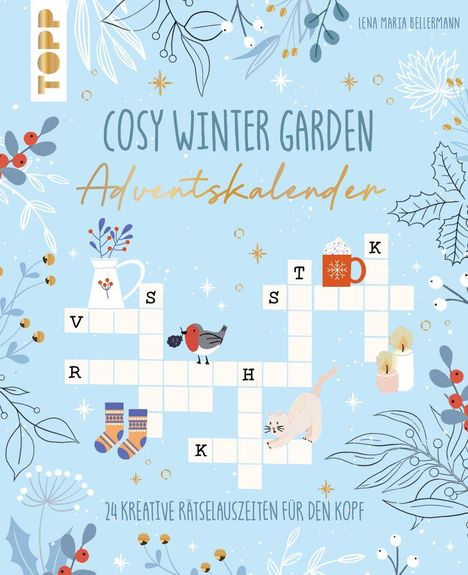 "Cosy Winter Garden Adventskalender" steht in der Mitte. Unten: "24 kreative Rätselauszeiten für den Kopf". Illustration mit Pflanzen, Tieren und Rätselgitter.